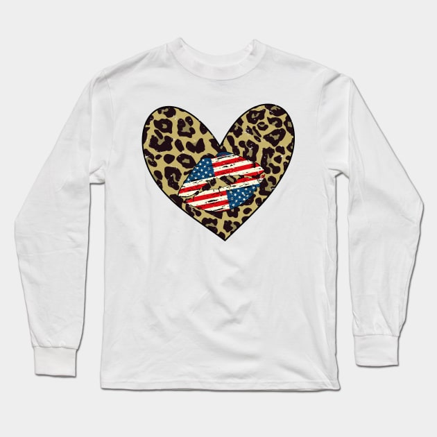 Cute Leopard Heart Gift - Distressed USA Kiss Gift - Fourth Of July Patriotic Gift Idea Long Sleeve T-Shirt by WassilArt